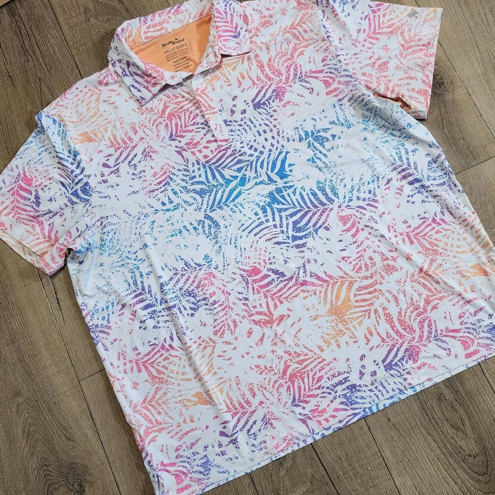 Birdie Bound Men 2XL Golf Polo Shirt Tropical Palm Leaf Print Multicolor Stretch